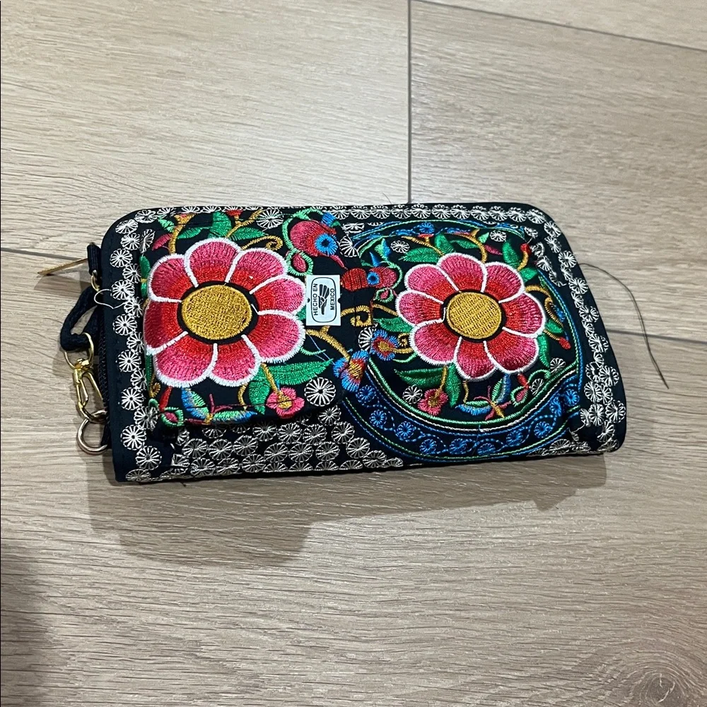 Floral Embroidered Crossbody Bag - Black and Multicolor